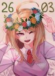  1girl :d ahoge akamatsu_kaede bangs blonde_hair breasts collared_shirt commentary dangan_ronpa_(series) dangan_ronpa_v3:_killing_harmony dated flower flower_wreath hair_ornament hands_up head_wreath highres large_breasts long_hair long_sleeves looking_at_viewer musical_note musical_note_hair_ornament necktie one_eye_closed open_mouth pink_eyes pink_flower pink_vest red_flower red_neckwear red_rose remonoart rose shirt smile solo twitter_username upper_body upper_teeth vest white_flower white_shirt yellow_flower 