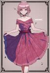  1girl artist_name bangs bare_shoulders blunt_bangs blush braid breasts choker closed_mouth collarbone commentary_request dangan_ronpa_(series) dangan_ronpa_2:_goodbye_despair dress eyebrows_visible_through_hair feet_out_of_frame grey_background hair_ornament highres looking_at_viewer medium_breasts musical_note nanami_chiaki nene_(oyasumi_xxx) off-shoulder_dress off_shoulder official_alternate_costume pink_choker pink_dress pink_eyes pink_hair shiny shiny_hair short_hair short_sleeves skirt_hold smile solo spaceship_hair_ornament 
