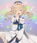  1girl :d barbara_(genshin_impact) belt book closed_eyes dress facing_viewer floating_hair genshin_impact hand_up hat highres lavelis long_hair long_sleeves musical_note open_mouth plus_sign rainbow smile solo twintails white_dress 