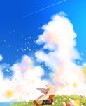  cinderace clouds from_side gen_8_pokemon grass hand_in_pocket highres nullma outdoors paws pokemon pokemon_(creature) raboot red_eyes sitting sky toes 