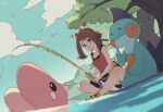  1girl bangs bare_arms bike_shorts blush bow_hairband brown_hair closed_mouth clouds collarbone commentary_request day fanny_pack fishing fishing_rod from_below gen_3_pokemon hairband hari611 highres holding holding_fishing_rod indian_style looking_at_viewer luvdisc marshtomp may_(pokemon) medium_hair outdoors pokemon pokemon_(creature) pokemon_(game) pokemon_oras red_hairband red_shirt shirt shoes shorts sitting sky sleeveless sleeveless_shirt smile tree water 