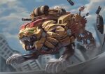  absurdres alkham clouds glowing glowing_eyes highres looking_ahead mecha no_humans open_mouth rising_liger ruins running science_fiction sharp_teeth sky solo teeth zoids zoids_wild zoids_wild_zero 