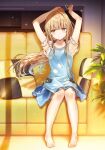  1girl apron arms_up bangs barefoot blonde_hair blue_skirt blush brown_eyes closed_mouth couch detexted hanekoto highres indoors leaf long_hair looking_at_viewer original pillow plant shirt short_sleeves sitting skirt solo third-party_edit white_shirt 