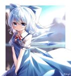  1girl artist_name bangs blue_dress blue_eyes blue_hair blush border bow cirno closed_mouth commentary dress eyebrows_visible_through_hair hair_between_eyes hair_bow heart highres ice ice_wings looking_at_viewer neck_ribbon pudding_(skymint_028) puffy_short_sleeves puffy_sleeves red_neckwear ribbon shirt short_hair short_sleeves signature solo tears touhou white_border white_shirt wings 
