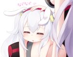  2girls :o animal_ears azur_lane bangs bare_shoulders blush breasts closed_eyes commentary_request eyebrows_visible_through_hair hair_between_eyes hair_ornament hairband kokone_(coconeeeco) laffey_(azur_lane) large_breasts long_hair lying multiple_girls on_lap on_stomach parted_lips petting prinz_eugen_(azur_lane) rabbit_ears red_hairband simple_background translated twintails white_background white_hair 