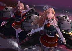  2girls absurdres bangs black_legwear blonde_hair bow bowtie braid breasts clouds corset detached_sleeves french_braid grey_hair hair_between_eyes hat highres kantai_collection large_breasts leg_up long_hair long_sleeves mini_hat multiple_girls night open_mouth outdoors pantyhose pola_(kantai_collection) red_neckwear red_skirt rigging skirt sky thigh-highs toriniku_senshi_chikinman wavy_hair white_headwear white_legwear zara_(kantai_collection) 