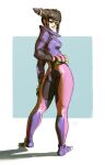  1girl absurdres aqua_background artmigu ass bangs bodysuit breasts drill_hair eyepatch from_behind full_body han_juri highres medium_breasts parted_lips purple_bodysuit shadow smile solo standing street_fighter street_fighter_v twin_drills 