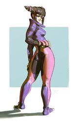  1girl absurdres aqua_background artmigu ass bangs bodysuit breasts drill_hair eyepatch from_behind full_body han_juri highres medium_breasts parted_lips purple_bodysuit shadow smile solo standing street_fighter street_fighter_v twin_drills 