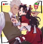  1boy 1girl alternate_costume alternate_hairstyle annoyed apron archer bangs black_hair black_legwear black_ribbon blue_eyes brown_vest collared_shirt commentary_request dark_skin dark_skinned_male dress earrings fate/stay_night fate_(series) frills grey_hair hair_ribbon highres holding holding_tray jewelry long_hair long_sleeves looking_at_viewer neck_ribbon on_lap open_mouth puffy_short_sleeves puffy_sleeves recording red_dress red_ribbon ribbon shimatori_(sanyyyy) shirt short_hair short_sleeves sitting sitting_on_person striped striped_background tohsaka_rin tray two_side_up upper_teeth vertical_stripes vest white_apron white_hair white_shirt wrist_cuffs yellow_background 