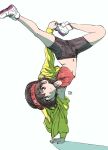  1girl artist_name bad_id bad_twitter_id bangs baseball_cap bike_shorts black_headwear black_shorts breakdance brown_eyes brown_hair casual closed_mouth commentary crop_top erakin eyebrows_visible_through_hair girls_und_panzer handstand hat highres isobe_noriko jacket long_sleeves looking_at_viewer midriff navel no_socks red_shirt shadow shirt shoes short_hair short_shorts shorts signature simple_background sketch smile sneakers solo tank_top traditional_media white_background white_footwear yellow_jacket 