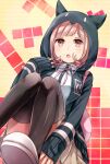  1girl :o animal_ears backpack bag bangs black_jacket black_legwear black_shirt breasts brown_skirt collared_shirt commentary_request dangan_ronpa_(series) dangan_ronpa_2:_goodbye_despair dress_shirt eyebrows_visible_through_hair fake_animal_ears hair_ornament hairclip hand_up highres hood hood_up hooded_jacket jacket knees_up light_brown_hair looking_at_viewer medium_breasts medium_hair nanami_chiaki neck_ribbon nico_(nico_alice) pink_bag pink_eyes pink_ribbon pleated_skirt ribbon shirt skirt sleeves_past_wrists smile solo tetris thigh-highs two-tone_shirt white_shirt 