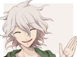  1boy :d ^_^ bangs border closed_eyes commentary_request dangan_ronpa_(series) dangan_ronpa_2:_goodbye_despair evil_smile eyebrows_visible_through_hair face facing_viewer green_jacket grey_background grey_hair hair_between_eyes hand_up jacket komaeda_nagito male_focus nico_(nico_alice) open_mouth pale_skin short_hair simple_background smile solo upper_body white_border 