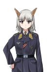  1girl animal_ears belt brave_witches edytha_rossmann fox_ears highres insignia iron_cross luftwaffe medal military military_uniform red_eyes swastika uniform user_wheh8572 white_hair world_witches_series 