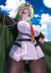  1girl absurdres aiguillette azur_lane backlighting bangs belt black_belt black_gloves black_legwear blue_sky breasts cape cloak commentary_request curvy dress eyebrows_visible_through_hair from_below gloves green_cape green_hair hand_on_hip highres large_breasts littorio_(azur_lane) long_hair multicolored_hair necktie orange_eyes outdoors pantyhose sky standing streaked_hair white_dress yanmaa_(yanmar195) 