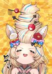  1girl alternate_hairstyle animal_ears blonde_hair blush bow buck_teeth closed_eyes club_hair_ornament commentary_request diamond_hair_ornament fennec_fox fox_ears fox_girl hair_bow hair_ornament hair_up highres holofive hololive mikan_(chipstar182) omaru_polka open_mouth playing_card_theme smile solo spade_hair_ornament virtual_youtuber 