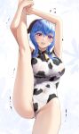  1girl absurdres animal_print armpits artist_name bangs bare_legs bell blue_hair breasts commentary cow_print cowbell flying_sweatdrops ganyu_(genshin_impact) genshin_impact goat_horns hair_between_eyes highres horns kneepits large_breasts leg_up leotard long_hair looking_at_viewer neck_bell open_mouth potetos7 print_leotard round_teeth simple_background solo split standing standing_on_one_leg standing_split tearing_up teeth trembling upper_teeth violet_eyes white_background 