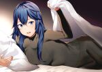  1girl ameno_(a_meno0) bed bed_sheet blue_eyes blue_hair fire_emblem fire_emblem_awakening happy long_hair long_sleeves looking_at_viewer lucina_(fire_emblem) on_bed open_mouth pillow smile solo sweater symbol-shaped_pupils 