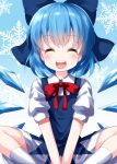  1girl ^_^ bangs blue_background blue_bow blue_dress blue_hair bow bowtie cirno closed_eyes collared_dress dress gradient gradient_background hair_bow highres ice ice_wings indian_style open_mouth puffy_short_sleeves puffy_sleeves red_bow red_neckwear ruu_(tksymkw) short_hair short_sleeves sitting smile snowflake_background snowflakes solo teeth touhou v_arms white_legwear wings 