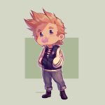  1boy addy_(@vegeebs) alternate_costume blonde_hair blue_eyes blue_jacket blush boku_no_hero_academia casual chewing_gum chibi denim full_body hands_in_pockets highres jacket jeans looking_at_viewer male_focus pants short_hair solo spiky_hair togata_mirio 