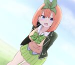  1girl :d arms_behind_back bangs black_jacket blue_eyes blue_sky blush bow clouds collared_shirt commentary_request day eyebrows_behind_hair go-toubun_no_hanayome green_bow green_ribbon green_skirt hair_between_eyes hair_ribbon highres jacket kujou_karasuma leaning_forward looking_at_viewer nakano_yotsuba open_clothes open_jacket open_mouth orange_hair outdoors pleated_skirt ribbon shirt signature skirt sky smile solo standing sweater_vest white_shirt 