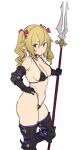  1girl armor bikini bikini_armor black_bikini black_choker black_gloves blonde_hair bow breasts choker closed_mouth elbow_gloves from_side gauntlets gloves greaves hair_bow hand_on_hip highleg highleg_bikini holding holding_spear holding_weapon houtengeki looking_at_viewer looking_to_the_side medium_breasts navel original pointy_ears polearm red_bow smile solo spear standing standing_on_one_leg swimsuit thigh-highs twintails violet_eyes weapon white_background 