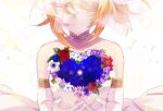  backlighting bangs bare_shoulders blonde_hair blue_flower blue_rose braid braided_bangs bridal_veil bride choker closed_eyes closed_mouth crying dress elbow_gloves flower flower_trim gloves hair_over_one_eye hara_paix heart holding holding_heart kagamine_rin pale_skin red_flower red_rose rose short_hair smile solo strapless strapless_dress swept_bangs veil vocaloid wedding_dress white_dress 