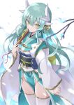  100 1girl aqua_hair aqua_kimono bangs blush breasts dragon_horns fan fate/grand_order fate_(series) folding_fan highres horns japanese_clothes kimono kiyohime_(fate/grand_order) long_hair long_sleeves looking_at_viewer multiple_horns smile thigh-highs thighs white_legwear wide_sleeves yellow_eyes 