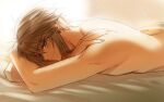  1boy backlighting bangs bed_sheet blush brown_hair closed_mouth commentary_request earrings from_side hair_between_eyes jewelry link looking_at_viewer lying male_focus ninto nude on_stomach short_hair smile solo the_legend_of_zelda the_legend_of_zelda:_breath_of_the_wild upper_body 
