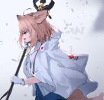  1girl ahoge animal_ears arknights bangs blue_dress blue_eyes brown_hair dress eyebrows_visible_through_hair fox_ears fox_girl fox_tail from_side fujimaki_nora gloves hand_up highres holding hood hood_down hooded_jacket jacket looking_away open_clothes open_jacket open_mouth profile short_sleeves solo sussurro_(arknights) tail white_gloves white_jacket wide_sleeves 