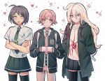  1boy 2girls ahoge bangs black_jacket black_legwear black_skirt blush breast_pocket breasts brown_eyes brown_pants cheer_(cheerkitty14) closed_mouth collarbone collared_shirt cowboy_shot crossed_arms dangan_ronpa_(series) dangan_ronpa_2:_goodbye_despair dress_shirt eyebrows_visible_through_hair genderswap genderswap_(ftm) genderswap_(mtf) green_jacket grey_eyes hair_between_eyes hair_ornament hairclip handheld_game_console heart hinata_hajime holding holding_handheld_game_console hood hood_down hooded_jacket jacket komaeda_nagito long_hair long_sleeves looking_at_viewer miniskirt multiple_girls nanami_chiaki necktie nintendo_switch open_clothes open_jacket open_mouth pants pink_eyes pink_hair pink_neckwear pleated_skirt pocket shirt short_hair skirt sleeves_past_wrists small_breasts smile symbol_commentary thigh-highs white_shirt zettai_ryouiki 