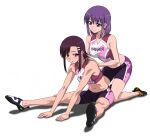  2girls absurdres bangs bike_shorts breasts brown_eyes closed_mouth collarbone crop_top eyebrows_visible_through_hair full_body hair_between_eyes hair_ornament hairclip hands_on_another&#039;s_shoulders highres iwakakeru!_sport_climbing_girls kasahara_konomi kneeling leaning_forward medium_breasts midriff multiple_girls navel open_mouth purple_hair purple_shorts shiny shiny_hair short_hair short_shorts shorts sidelocks simple_background sitting small_breasts smile stomach uehara_jun violet_eyes white_background 