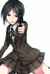  1girl aiming_at_viewer bangs black_eyes black_hair black_legwear black_ribbon bob_cut brown_jacket brown_skirt collared_shirt commentary_request cowboy_shot dangan_ronpa:_trigger_happy_havoc dangan_ronpa_(series) finger_on_trigger freckles gun handgun holding holding_gun holding_weapon ikusaba_mukuro jacket kneehighs long_sleeves looking_at_viewer miniskirt neck_ribbon nico_(nico_alice) open_mouth pistol pleated_skirt ribbon school_uniform shirt short_hair simple_background skirt solo weapon white_background white_shirt 