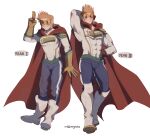  2boys addy_(@vegeebs) age_progression arm_behind_head blonde_hair blue_eyes blue_pants blush bodysuit boku_no_hero_academia boots contrapposto covered_abs covered_navel full_body highres knee_boots male_focus multiple_boys muscular muscular_male pants pectorals salute short_hair smile spiky_hair thighs tight tight_pants togata_mirio toned toned_male two-finger_salute white_bodysuit 