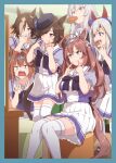  6+girls \m/ ahoge animal_ears black_headwear blue_eyes breasts brown_hair carrot commentary_request daiwa_scarlet_(umamusume) eyebrows_visible_through_hair hair_over_one_eye hairband horse_ears horse_girl horse_tail inu_(aerodog) long_hair mihono_bourbon_(umamusume) mouth_hold multicolored_hair multiple_girls oguri_cap_(umamusume) open_mouth pleated_skirt rice_shower_(umamusume) sailor_collar school_uniform silver_hairband sitting skirt smile streaked_hair tail tamamo_cross_(umamusume) thigh-highs thighs tiara tilted_headwear tongue tongue_out tracen_school_uniform umamusume violet_eyes vodka_(umamusume) white_legwear white_sailor_collar white_skirt zettai_ryouiki 