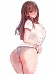  1girl amane_ruri ass bangs blush breasts brown_eyes brown_hair closed_mouth commentary curvy from_behind grey_panties highres lace-trimmed_panties lace_trim large_breasts leaning_forward light_frown long_hair looking_at_viewer looking_back no_pants original panties see-through shirt short_sleeves simple_background solo standing t-shirt underwear wedgie wet white_background white_shirt 