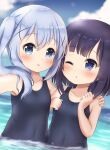  2girls absurdres arm_around_shoulder black_hair blue_eyes blue_hair blue_swimsuit blush clouds covered_navel face-to-face fuiba_fuyu gochuumon_wa_usagi_desu_ka? hair_ornament hairclip highres kafuu_chino long_hair multiple_girls one-piece_swimsuit one_eye_closed outdoors outstretched_arm partially_submerged school_swimsuit self_shot shinonome_meguri short_hair side_ponytail sky swimsuit upper_body wading water 