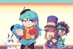  3girls a_hat_in_time afro alfur_(hilda) beret black_legwear blue_bow blue_eyes blue_hair bootleg bow bow_kid brown_hair bzzt_gcxll cape closed_mouth crossover dark_skin dark-skinned_female green_jacket grey_eyes hand_on_hip hat hat_kid highres hilda_(hilda) hilda_(series) holding holding_stuffed_toy jacket long_hair looking_at_another multiple_girls nervous open_mouth pantyhose pleated_skirt pullover raised_eyebrow scarf shaded_face signature simple_background skirt smirk smug stuffed_toy sweatdrop top_hat twigg_(hilda) violet_eyes 