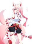  1girl :d animal_ears bare_shoulders blue_eyes blush boxers breasts detached_sleeves fox_ears fox_tail gradient_hair hands_in_pockets highres higokumaru honkai_(series) honkai_impact_3rd japanese_clothes long_hair looking_at_viewer male_underwear multicolored_hair multiple_tails nontraditional_miko open_mouth pink_hair ponytail red_ribbon ribbon simple_background smile solo standing streaked_hair tail underwear white_background wide_sleeves yukki_0125 