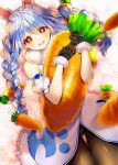  1girl :d animal_ear_fluff animal_ears ass_visible_through_thighs bangs black_gloves black_leotard blue_hair blush bow braid brown_legwear carrot_hair_ornament commentary_request detached_sleeves don-chan_(usada_pekora) dress eyebrows_visible_through_hair food_themed_hair_ornament fur-trimmed_gloves fur_trim gloves hair_between_eyes hair_bow hair_ornament highres hololive leotard looking_at_viewer lying maria_(maria0304) multicolored_hair object_hug on_back open_mouth pantyhose puffy_short_sleeves puffy_sleeves rabbit_ears red_eyes short_sleeves smile strapless strapless_dress thigh_gap twin_braids twintails two-tone_hair usada_pekora virtual_youtuber white_bow white_dress white_hair white_sleeves 