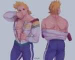  1boy abs addy_(@vegeebs) ass bare_back bare_pecs blonde_hair blue_eyes boku_no_hero_academia bulge cheek_bulge cowboy_shot from_behind highres jacket male_focus multiple_views muscular muscular_male open_clothes open_jacket pants pectorals scar scar_on_arm scar_on_back scar_on_chest short_hair spiky_hair stomach thick_thighs thighs tight tight_pants togata_mirio wiping_face zipper 