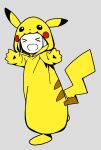  &gt;_&lt; 1girl :d bangs character_hood commentary_request cosplay disconnected_mouth dot_nose facing_viewer full_body gen_1_pokemon grey_background happy highres hood hood_up katsuwo_(cr66g) kise_sacchan long_sleeves mitsuboshi_colors open_mouth partially_colored pikachu pikachu_(cosplay) pikachu_costume pikachu_ears pikachu_tail pokemon pokemon_ears pokemon_tail short_hair simple_background smile solo standing tail 