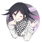  1boy bangs black_hair blush checkered checkered_neckwear checkered_scarf commentary_request dangan_ronpa_(series) dangan_ronpa_v3:_killing_harmony grin hair_between_eyes hands_up jacket long_sleeves looking_at_viewer male_focus nico_(nico_alice) one_eye_closed ouma_kokichi outside_border scarf short_hair simple_background smile solo star_(symbol) straitjacket upper_body violet_eyes white_background white_jacket 