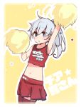  1girl alternate_costume alternate_hairstyle armpits blue_eyes cheering cheerleader commentary_request cowboy_shot crop_top hibiki_(kantai_collection) holding holding_pom_poms kantai_collection long_hair looking_at_viewer midriff navel pleated_skirt pom_poms red_legwear red_skirt silver_hair skirt solo thigh-highs yellow_background yoru_nai 