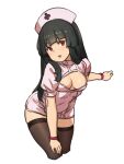  1girl black_hair breasts brown_legwear cleavage_cutout clothing_cutout cropped_legs dress hat houtengeki leaning_forward long_hair looking_at_viewer medium_breasts no_bra nurse nurse_cap original parted_lips pink_dress red_eyes short_dress simple_background solo thigh-highs white_background wristband 