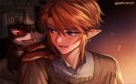  1boy 1girl :d artist_name bangs blonde_hair blue_eyes blurry blurry_background blush fang gradient gradient_background helmet link looking_at_another midna ninto open_mouth pointy_ears portrait red_eyes short_hair smile the_legend_of_zelda the_legend_of_zelda:_twilight_princess 