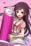  1girl :d apron bandaged_arm bandaged_leg bandages bangs black_hair blunt_bangs blush breasts brown_eyes collared_shirt commentary_request dangan_ronpa_(series) dangan_ronpa_2:_goodbye_despair dress_shirt heart holding long_hair looking_at_viewer medium_breasts nico_(nico_alice) nurse open_mouth oversized_object pink_background pink_shirt print_apron puffy_short_sleeves puffy_sleeves shirt short_sleeves skirt smile solo tsumiki_mikan upper_teeth violet_eyes white_apron 