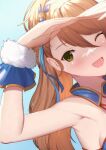  1girl ;d armpits arms_up bangs bare_shoulders beatrix_(granblue_fantasy) blue_background brown_hair commentary_request dutch_angle eyebrows_behind_hair fur_trim granblue_fantasy green_eyes hair_between_eyes hair_ornament highres long_hair looking_at_viewer one_eye_closed open_mouth shading_eyes simple_background smile solo uneg upper_body 