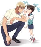  2boys amuro_tooru arm_at_side bangs black-framed_eyewear black_footwear blonde_hair blue_eyes blue_pants blue_shorts blue_vest bow bowtie brown_hair child closed_mouth collared_shirt commentary_request edogawa_conan fingernails full_body glasses hair_between_eyes hand_up k_(gear_labo) looking_at_another male_focus meitantei_conan multiple_boys one_knee open_mouth pants red_bow red_neckwear serious shadow shirt shoes short_hair short_sleeves shorts sneakers socks standing tiptoes upper_teeth vest watch watch whispering white_legwear white_shirt 