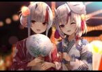  2girls alternate_costume bag bell blurry blurry_background blush bokeh commentary depth_of_field double_bun eyebrows_visible_through_hair fan fang festival floral_print flower fox_mask hair_bell hair_bun hair_flower hair_ornament highres holding holding_fan hololive horn_ornament horn_ribbon horns indie_virtual_youtuber japanese_clothes kimono konkito letterboxed looking_at_viewer mask mask_on_head medium_hair multicolored_hair multiple_girls nakiri_ayame night obi one_eye_closed oni_horns open_mouth outdoors paper_fan plastic_bag red_eyes red_kimono redhead ribbon sash short_hair_with_long_locks side-by-side sidelocks silver_hair smile streaked_hair tassel uchiwa upper_body utsutsu_yomi virtual_youtuber white_kimono wide_sleeves 