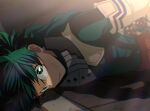  1boy artist_name bangs boku_no_hero_academia bruise closed_mouth elbow_gloves freckles from_side gloves green_eyes green_hair injury long_sleeves looking_at_viewer male_focus midoriya_izuku mkm_(mkm_storage) serious short_hair solo spiky_hair stone_floor upper_body white_gloves 